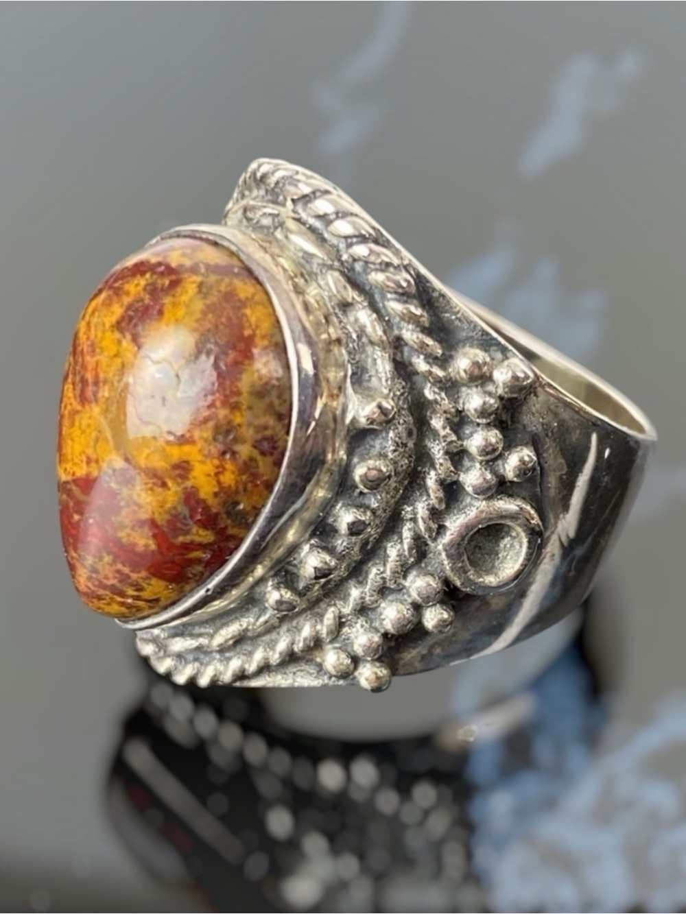 Vintage Large Sterling Agate Ring Southwestern Western Tribal Silver Size 10
